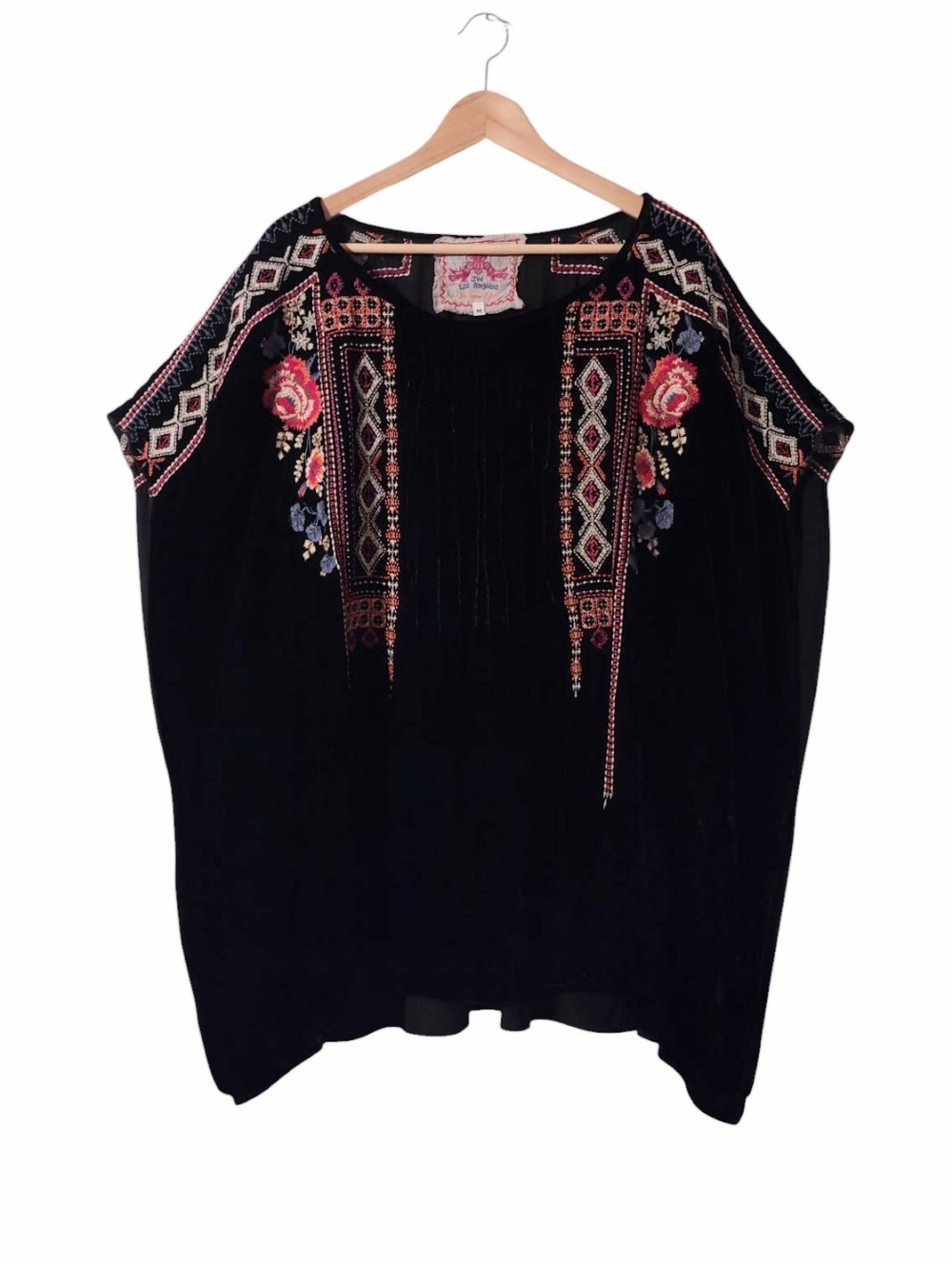 Johnny Was Silk Blend Velvet Embroider Floral Kimono Cape Asymmetrical Tunic Top